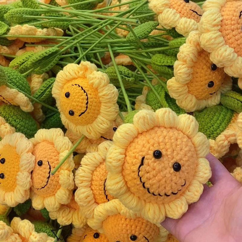 اليدوية محبوك رئيس عباد الشمس ، زهرة ، ابتسامة ، الكروشيه ، باقة ، مهرجان هدية ، Pendant بها بنفسك قلادة الملحقات ، 3 قطعة