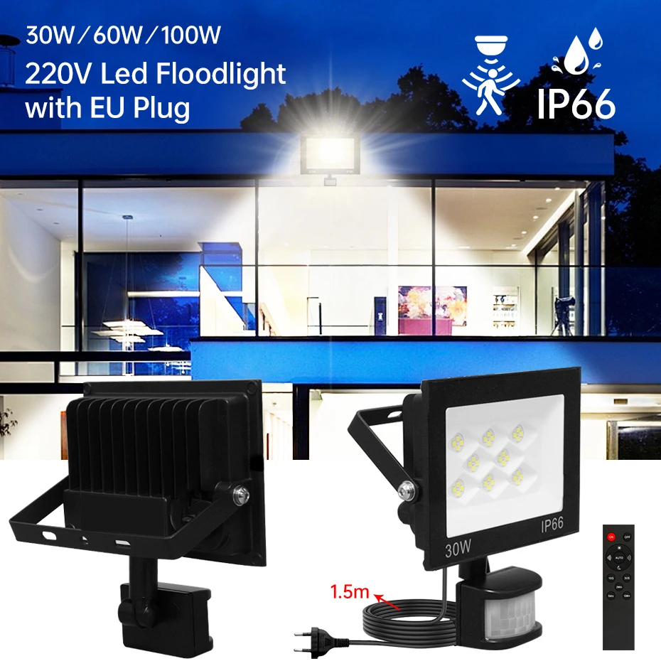 

EU AU UK Plug 30W 60W 100W Induction Led Flood Light PIR Sensor Remote Control 220V Spotlight Street Square Outdoor Lighting