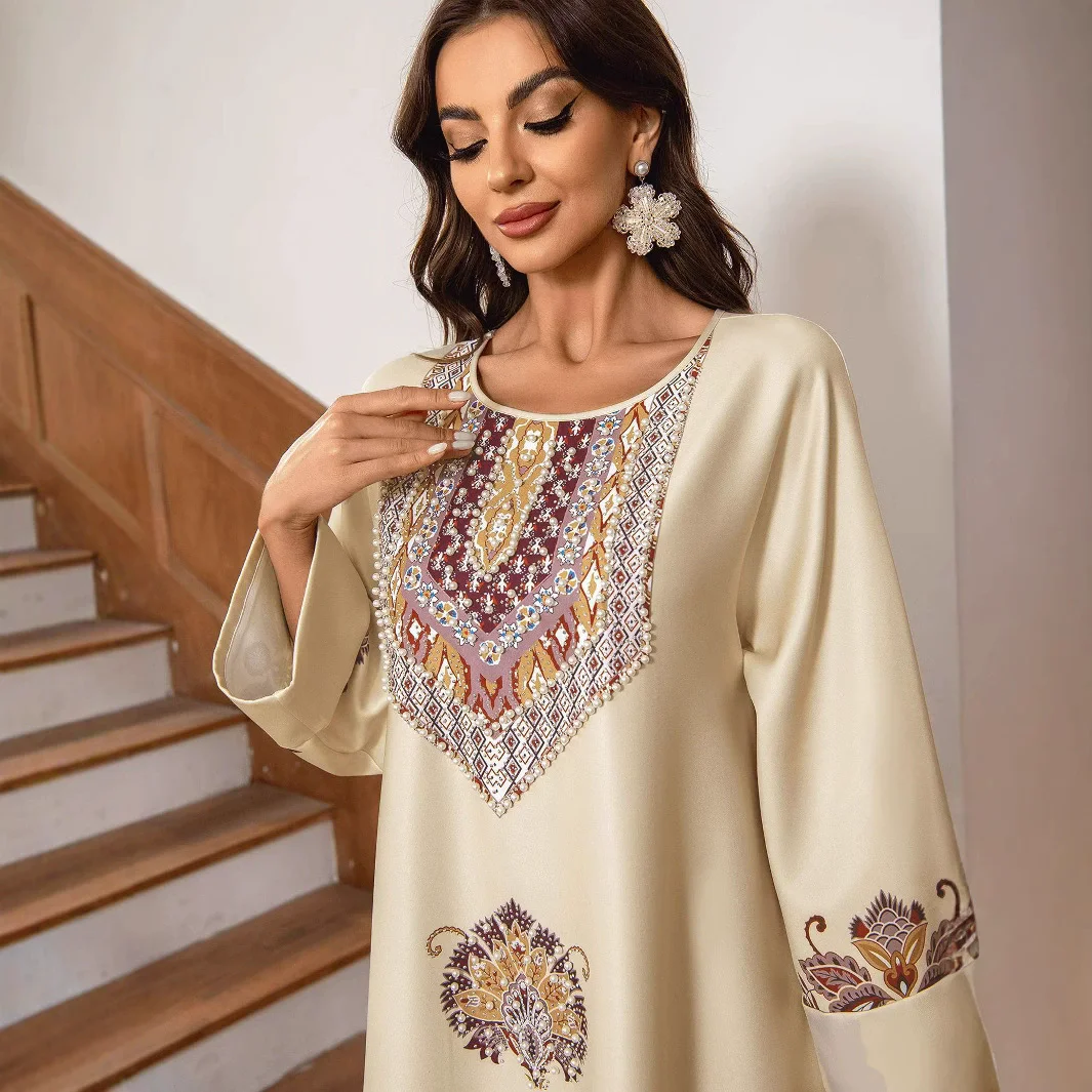 Moyen-Orient arabie saoudite musulman luxe mode islamique Ramadan Robe col rond imprimé diamant clouté ample a-ligne Robe