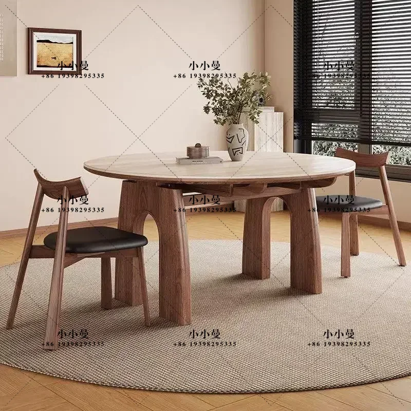 Medieval solid wood folding meal telescopic travertine rock slab restaurant round table