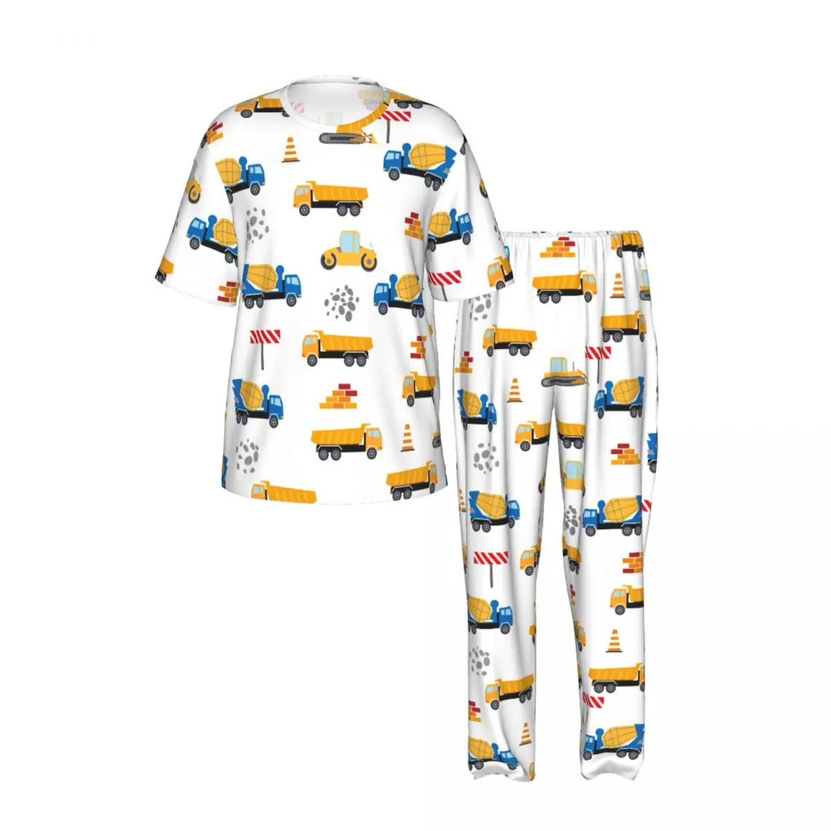 Men Pajamas Set Car Dump Truck Crane Short Sleeve Spring Summer Lounge Sleepwear Male Nightwear