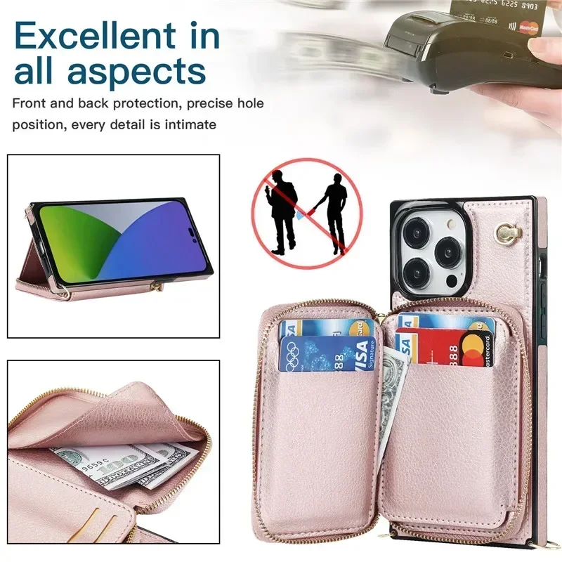 for iPhone 16E 16 15 14 Pro Max 13 12 Mini 11 XS XR X SE 2022 8 7 Plus Flip Cover Lanyard Leather Zipper Wallet Card Phone Case