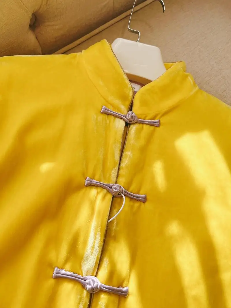 중국 설날 노란색 벨벳 자수 면 자켓 겨울 외투 여성 전통 의상