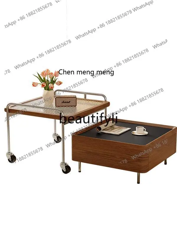 

Medieval style coffee table combination small apartment living room household Bauhaus storage solid wood rock slab coffee table