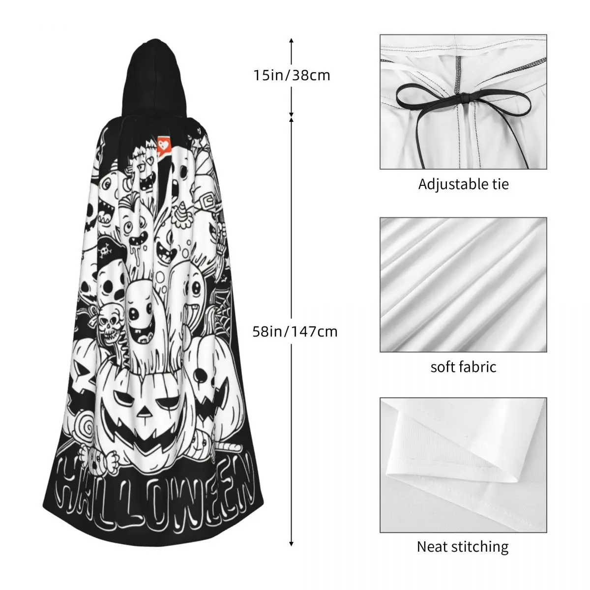 Fantôme Effrayant Halloween Spirit Monster Boo, Robe de Sorcellerie Longue Capuche, Halloween Party Cosplay, Everak, Cadeau Femme et Homme Adulte