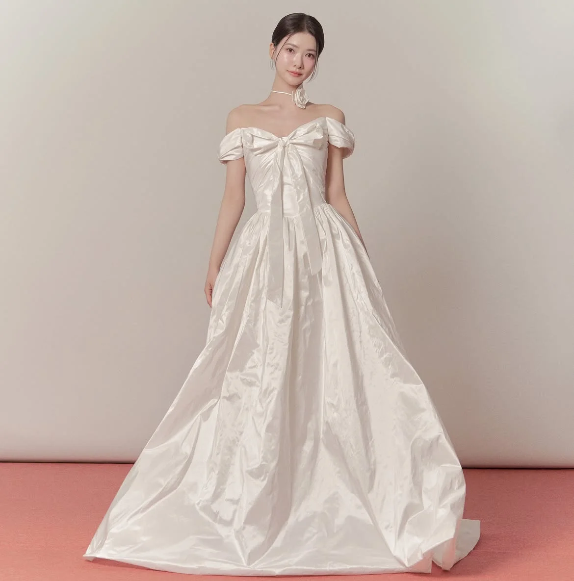 Off‑the‑Shoulder White Wedding Dress Big Bow Puffy Shiny Taffeta A‑Line Bridal Gown Sleeveless Evening Party Dress For Women