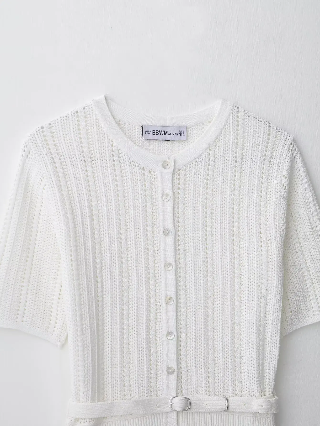 เสื้อโค้ทลำลองผู้หญิง รุ่น BB6522 ZA25 สำหรับฤดูร้อน คอทรงกลม แขนสั้น แต่งเข็มขัด ผ้าถักตาข่ายลาย jacquard รุ่น 0244002