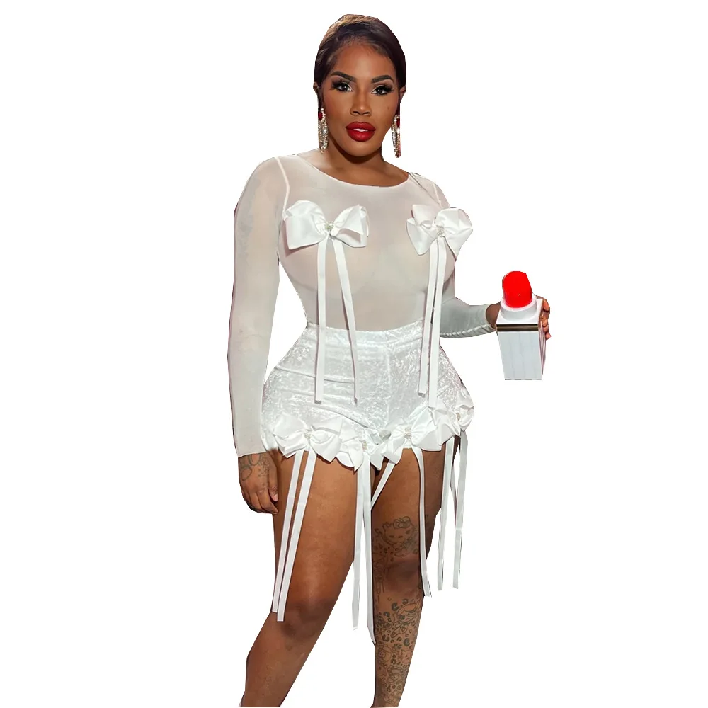 

Сексуальный прозрачный топ с 3D бантом, кружевные шорты-стримеры с кисточками, комплект из двух предметов, женские наряды