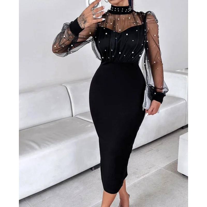 Indie Elegant Black Turtleneck Prom Gown Customized Pearl Tulle Sleeve Party Evening Dress Tea Length Special Occasion Dresses