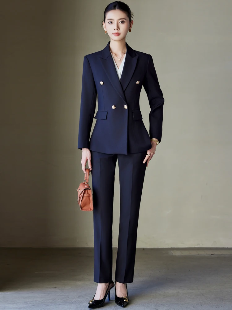 

Cobalt Blue Women's Suit Set Double-Breasted Professional Clothing for College Students Teaching Qualification Interview