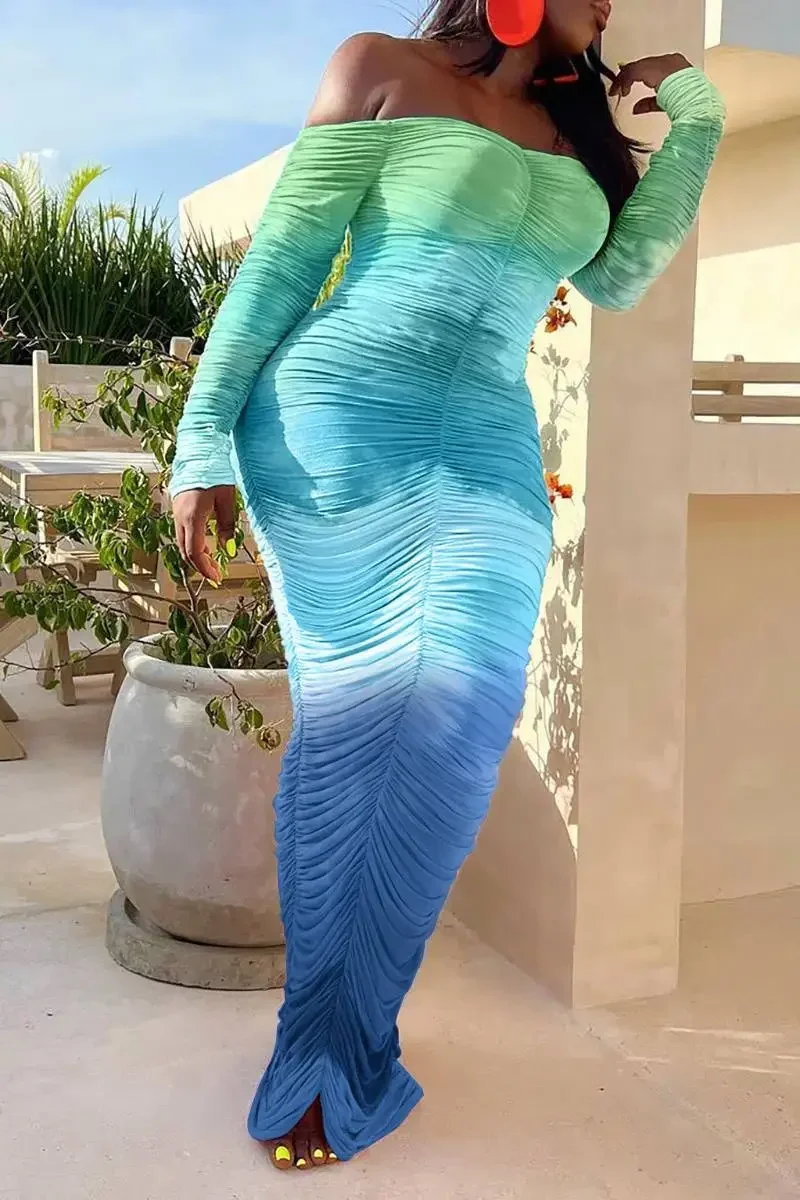 Plus Size Vrouwen Gradiënt Tie Dye Bedrukt Off Shoulder Lange Mouw Maxi Lange Midi Bodycon Ruched Jurk Sexy Party Club Jurken