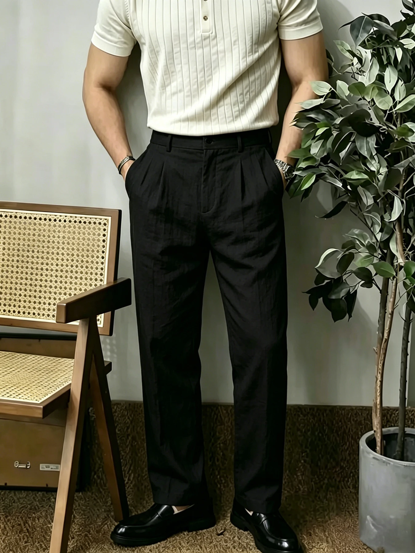 Men's Summer Draped Linen Straight Leg Casual Pants, Korean Minimalist Relaxed Leisure Style, Skin-friendly Breathable Natural L