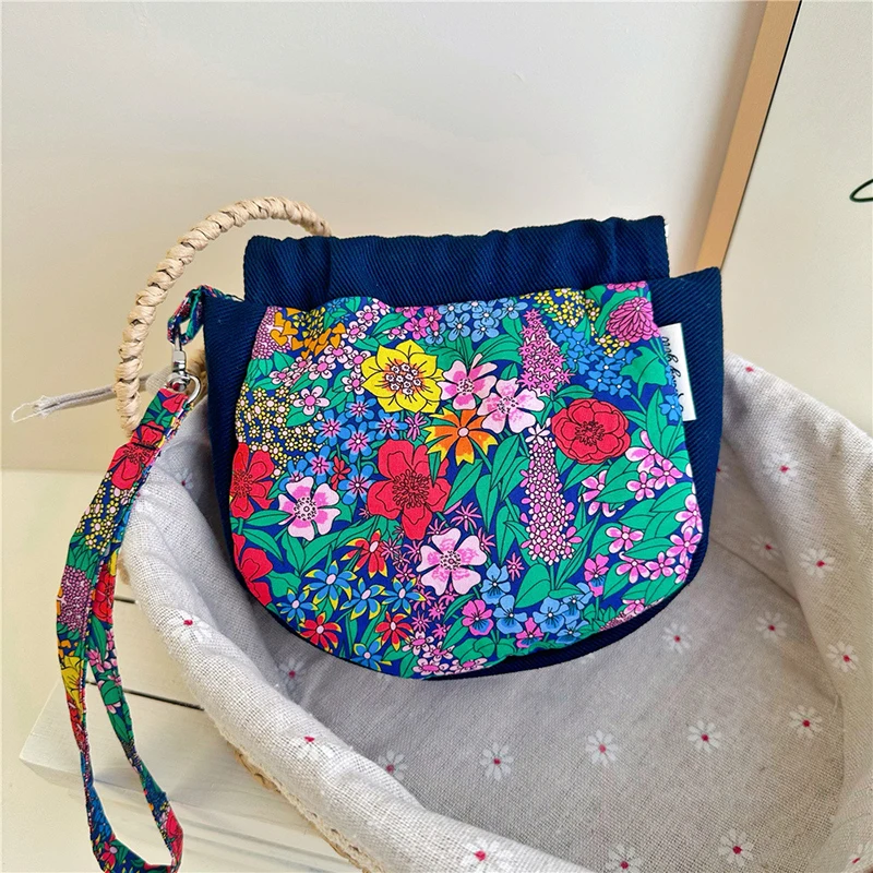 5pcs Coin Purses Cotton Retro Bird Flower Printing Two Color Patchwork Open Storage Bag Mix Color