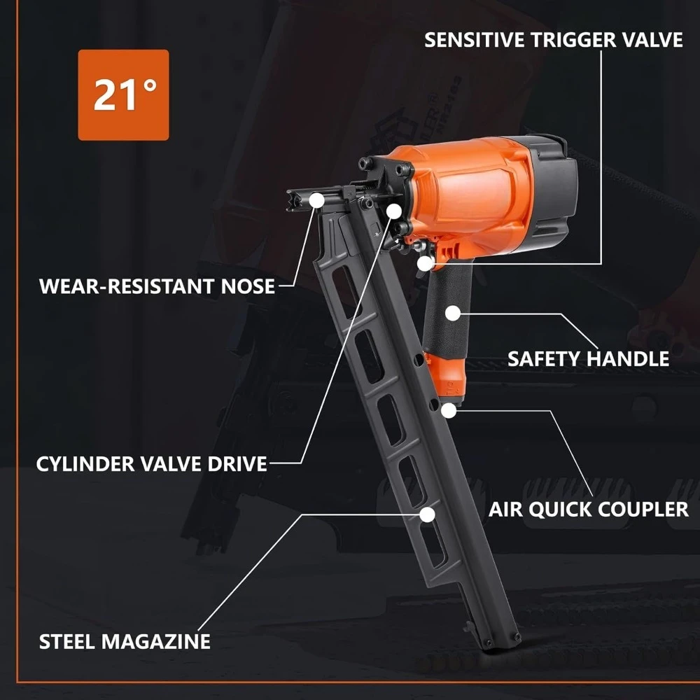 أداة تثبيت جديدة عالية السرعة، مسدس أظافر بتأطير هوائي 21 درجة، 2 بوصة حتى 3-1/4 بوصة أظافر كاملة الرأس مطلية بالبلاستيك #3