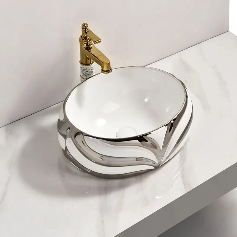 gold white wash basin electroplated ceramic round bathroom sink