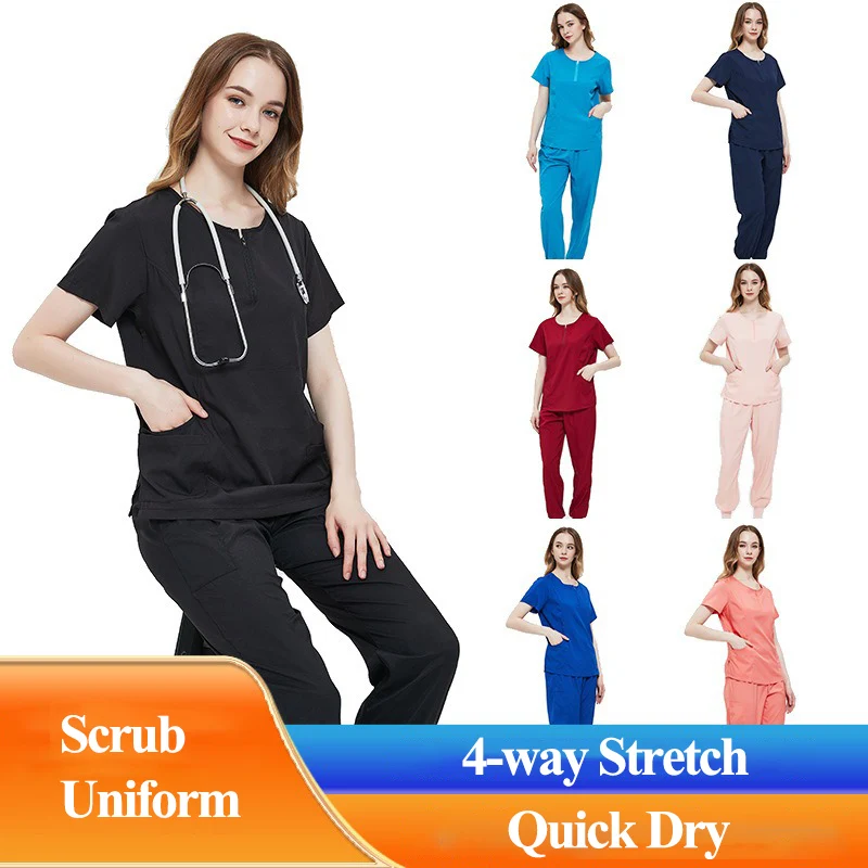 Women Solid Color Medical Scrubs Ultra Soft Quick-dry Surgeon Sets Slim Fit Nurse Uniform Quick-Dry Dental Nursing Clothes LMW