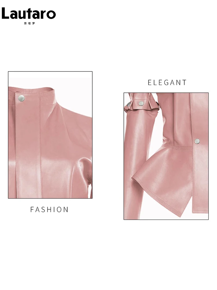 Lautaro Spring Autumn Short Stylish Chic Pink Shiny Reflective Patent Pu Leather Jacket Women with Detachable Long Sleeves 2023