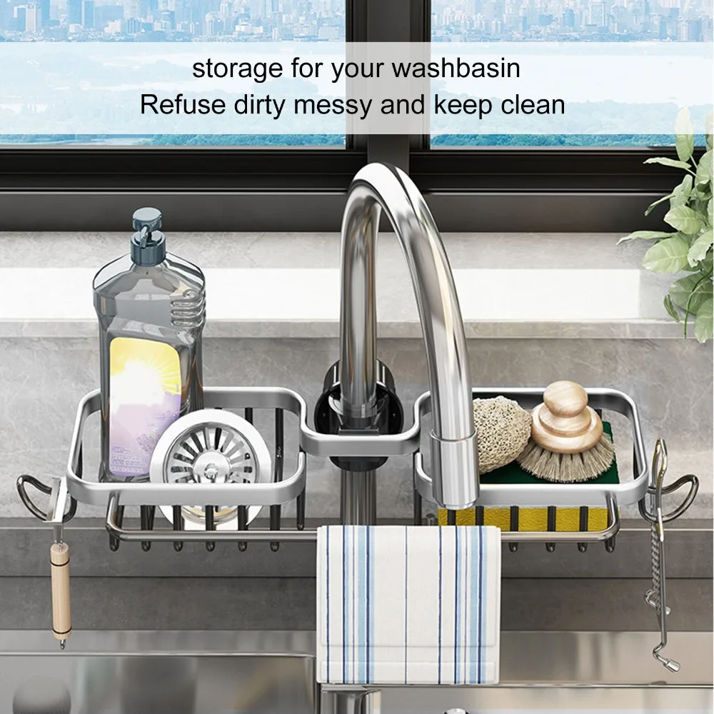 Aluminum Plastic Sink Shelf Adjustable with Towel Rod Drainer Shelf Basket Practical Silver Black Gold Sink Organizer Rack