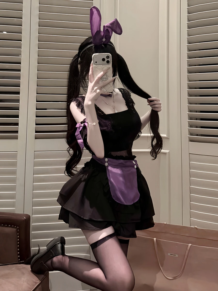 Cute Maid Uniform Set Rabbit Girl Outfit Wearable Chef Girl Deep V Date Sexy Dress Trendy Women's Clothing Student School Uni...