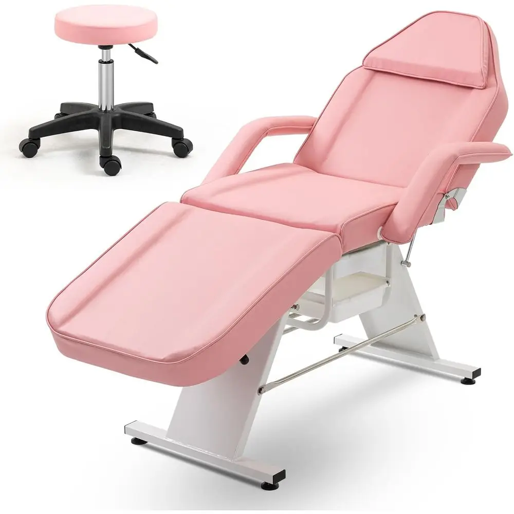 

Adjustable Facial Bed with Two Trays, Hydraulic Stool, and Proportional Massage for Esthetician, Lash Treatment, and Spa in Pink