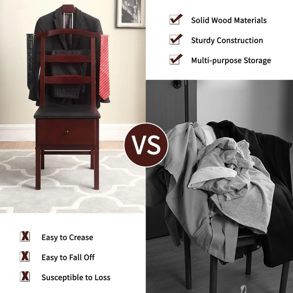 حامل بدلة خشبية مع حامل كرسي شماعات كونتور مع شريط بنطلون درج وربطة عنق وحزام ملابس قائمة بذاتها خادم St #4