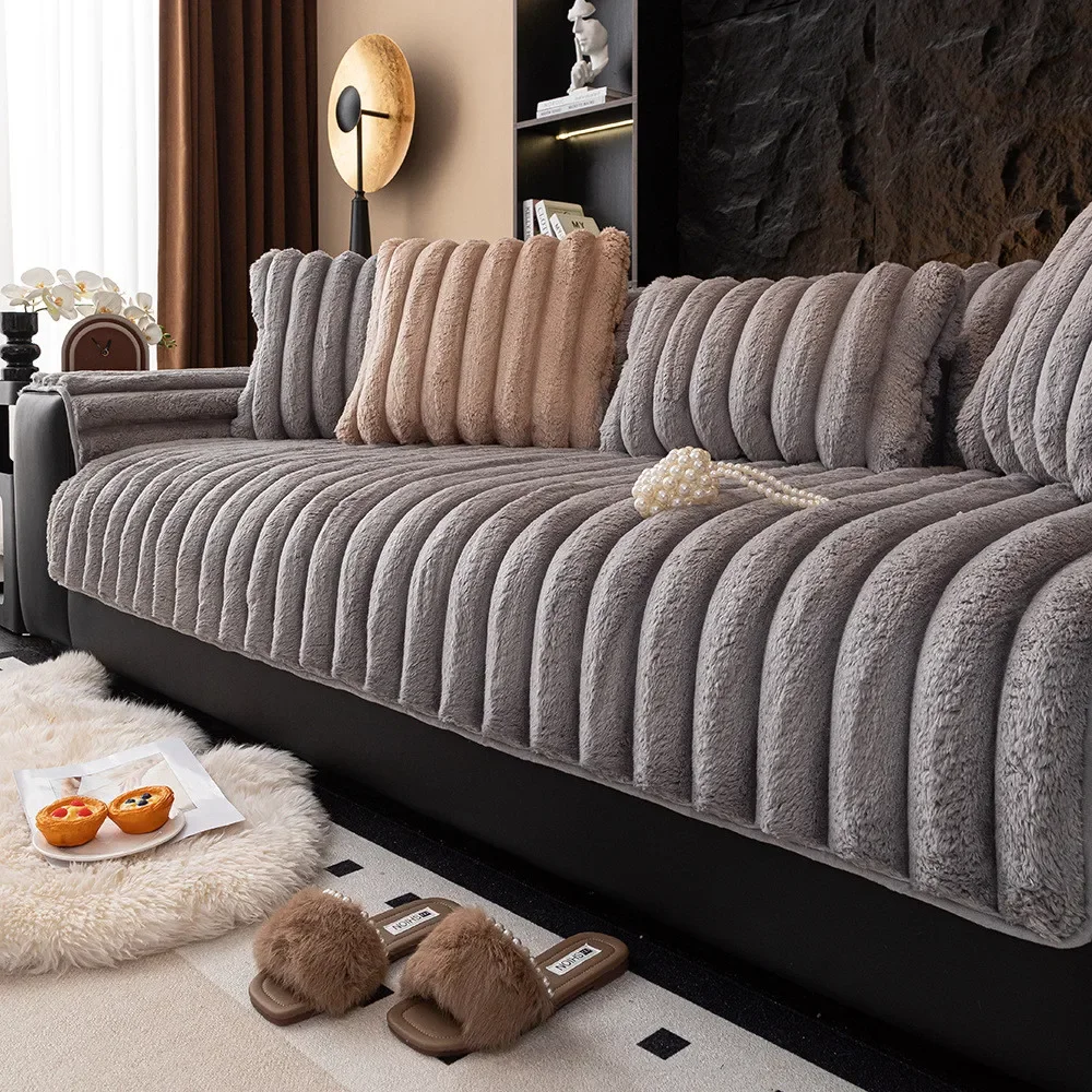 Fashion Plush Sofa Mat Simple Solid Color Seat  Cushion Winter Thick Non-slip Furniture Protective Chair Cover Home Decoration