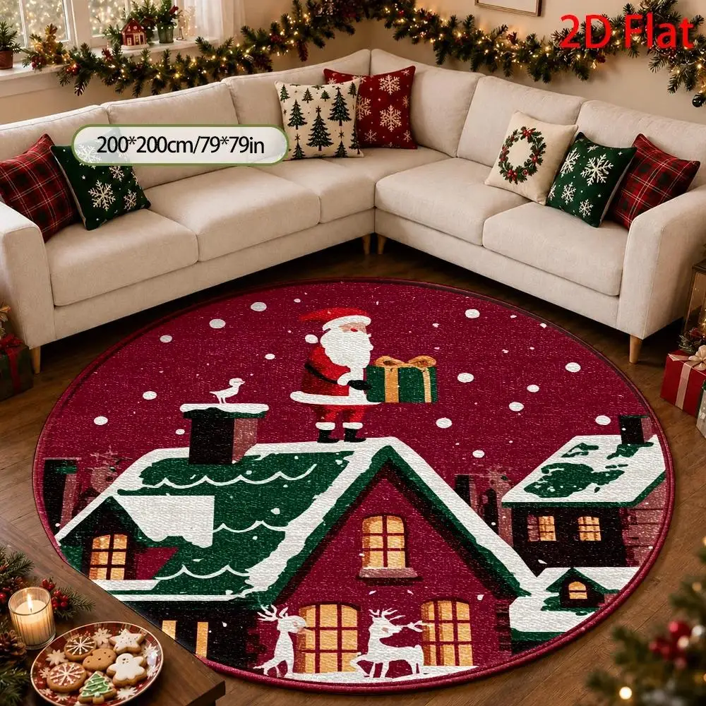 1pc Santa‑on‑Roof Printed Large Round Area Rug, 2D Flat‑Print Winter Holiday Floor Mat, Easy‑to‑Clean Decor for Living Room