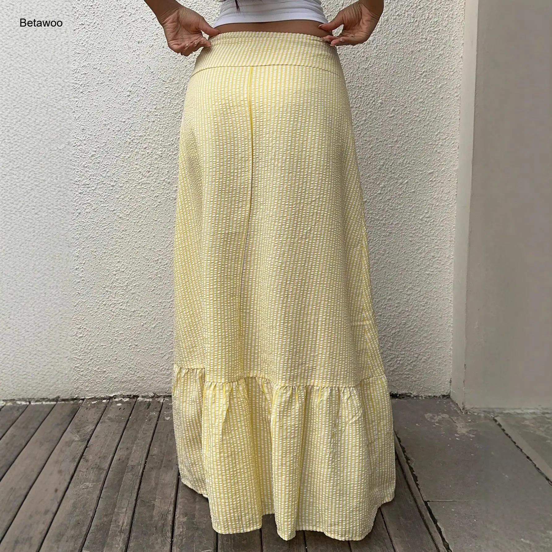 Women Yellow Textured Maxi Skirt High Waist Ruffle Hem Flowy Casual Beach Vacation Skirt