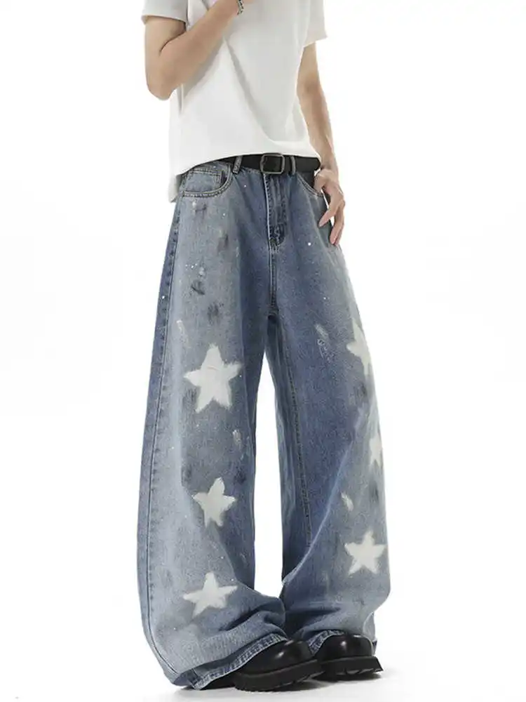 

Women Blue Y2k Star Graffiti Jeans Harajuku 90s Vintage Denim Trousers Japanese 2000s Style Baggy Boyfriend Jeans Pants Clothes