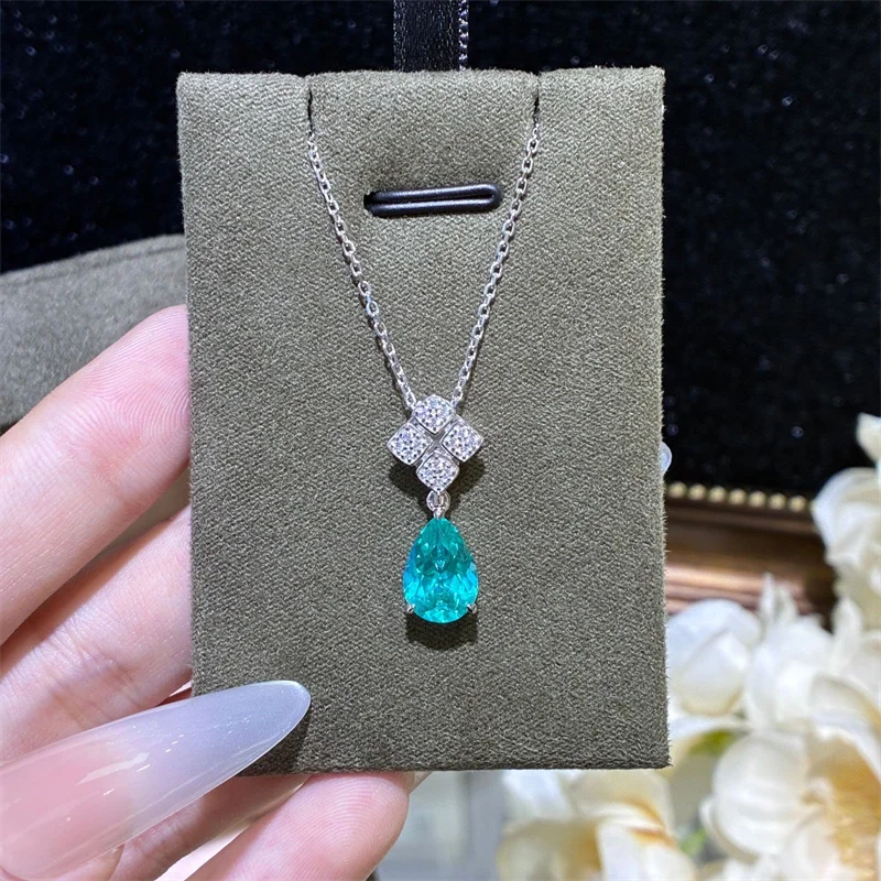 

ZFSILVER Trendy s925 Silver Cultivated Gem Green Paraíba Waterdrop Necklace For Charms Women Party Jewelry Gifts N3-0076 E3-0260