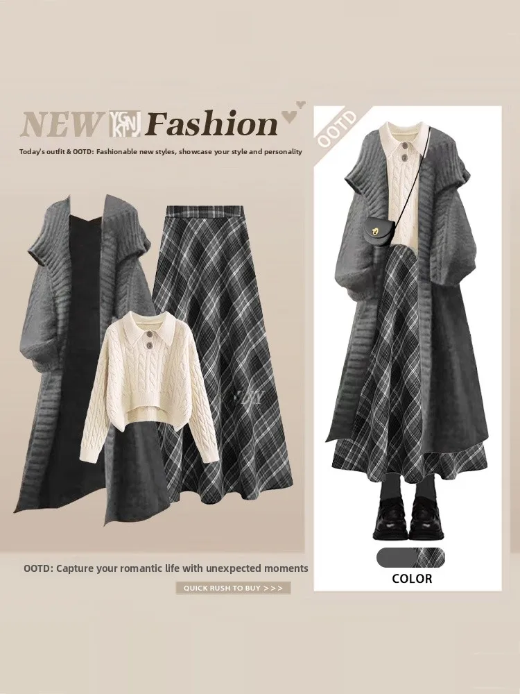 

Winter Vintage Women's Knitted Sweater Coat Long Cardigan Slimming Plaid Skirt Tee-Piece Set High Waist College Sle