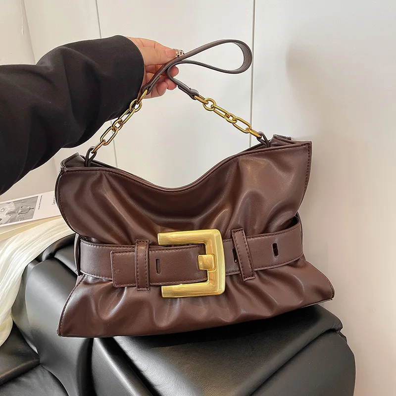 

Minimalist Pleated Shoulder Bag for Women, Spacious Underarm Purse with Belt Buckle, Casual Chic Crossbody Bag