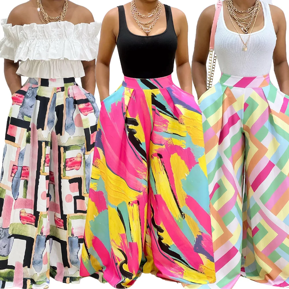 2022 spring and summer new European and American style leisure long pants printed leisure fashion wide leg pants