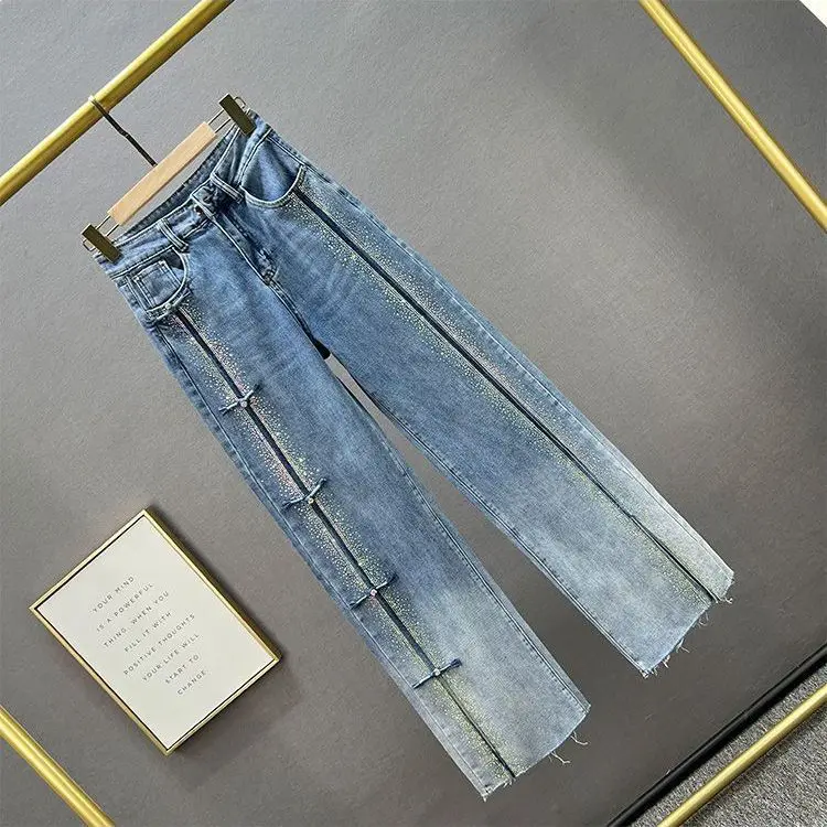 Gradient Embellished Flare Jeans Women 2026 Fall High Waist Slim Fit Floor Length Denim Trousers