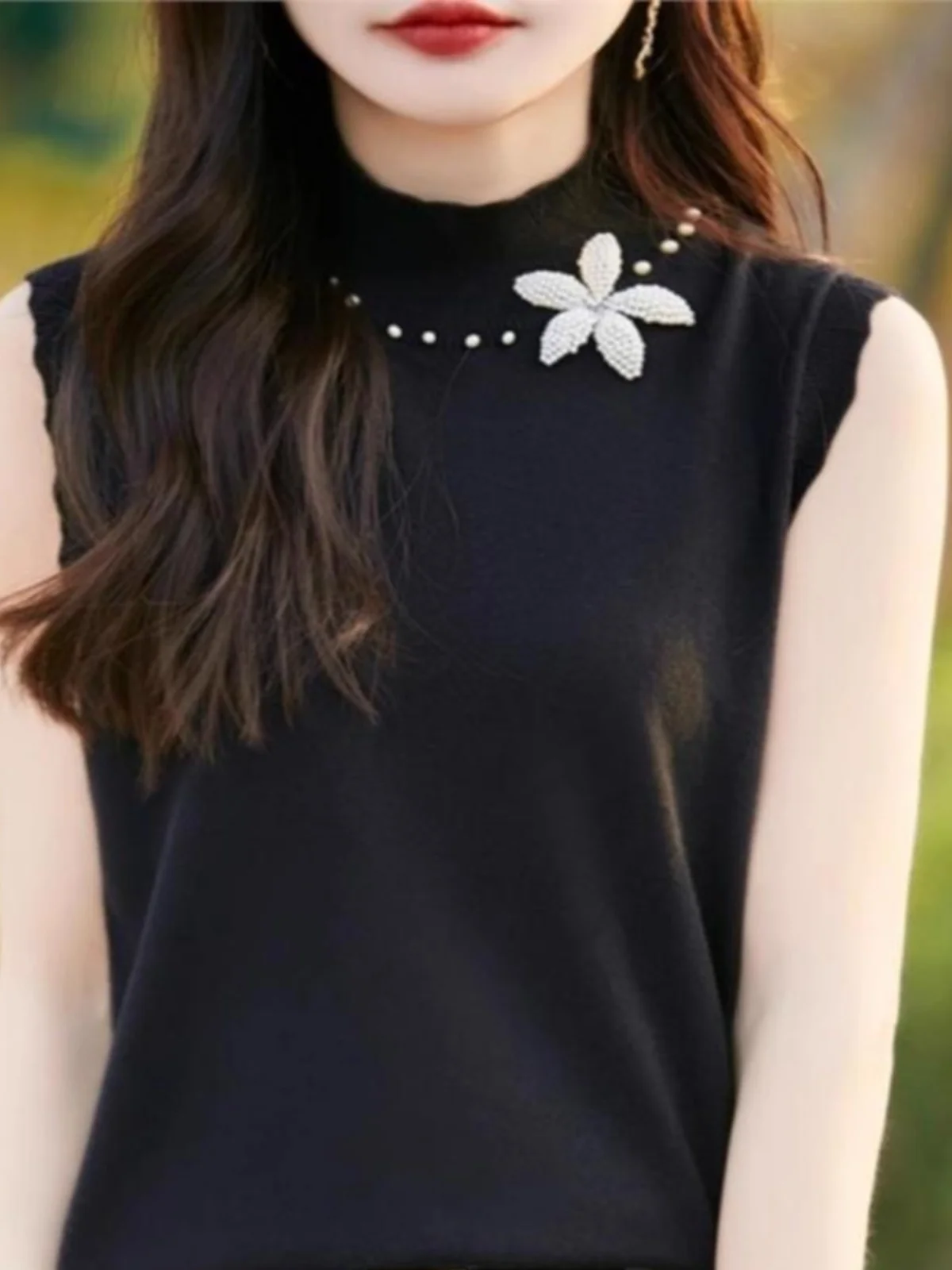 Ladies Cashmere Knitted Vest Half High Collar Sleeveless Sparkling Pearl Detail Trendy Inner Wear Layering Base Shirt