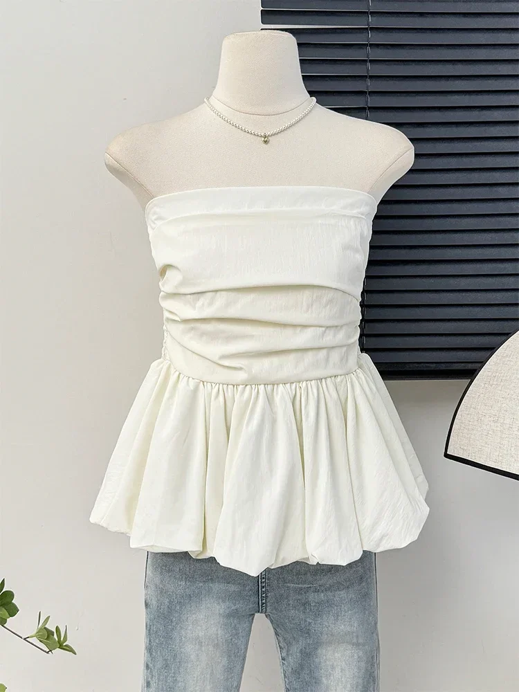 Kimotimo French One Shoulder Pleated Slim Tube Top Women Sexy Waist Ruffled Sleeveless Vests Summer Y2k Solid All Match Tanks