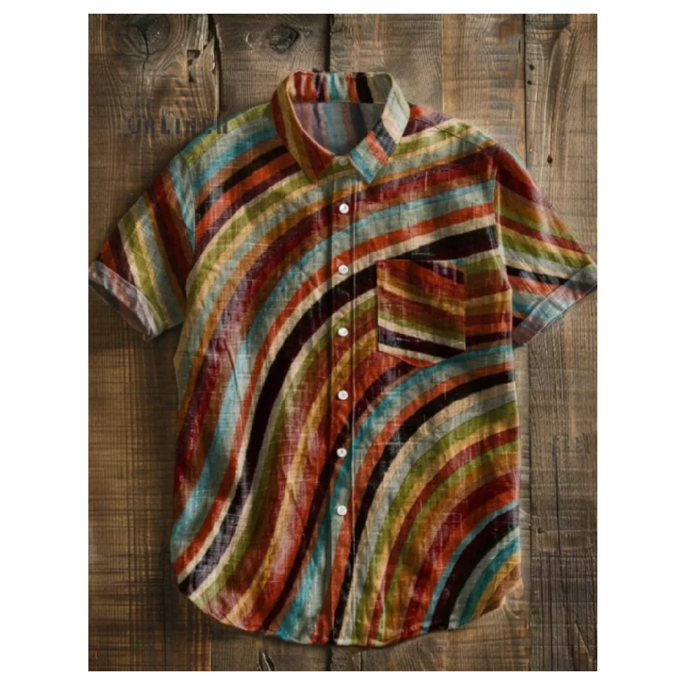 

Men's linen casual fashionable short sleeved shirt, collar button top, colorful rainbow, unique pattern artistic linen comfortab