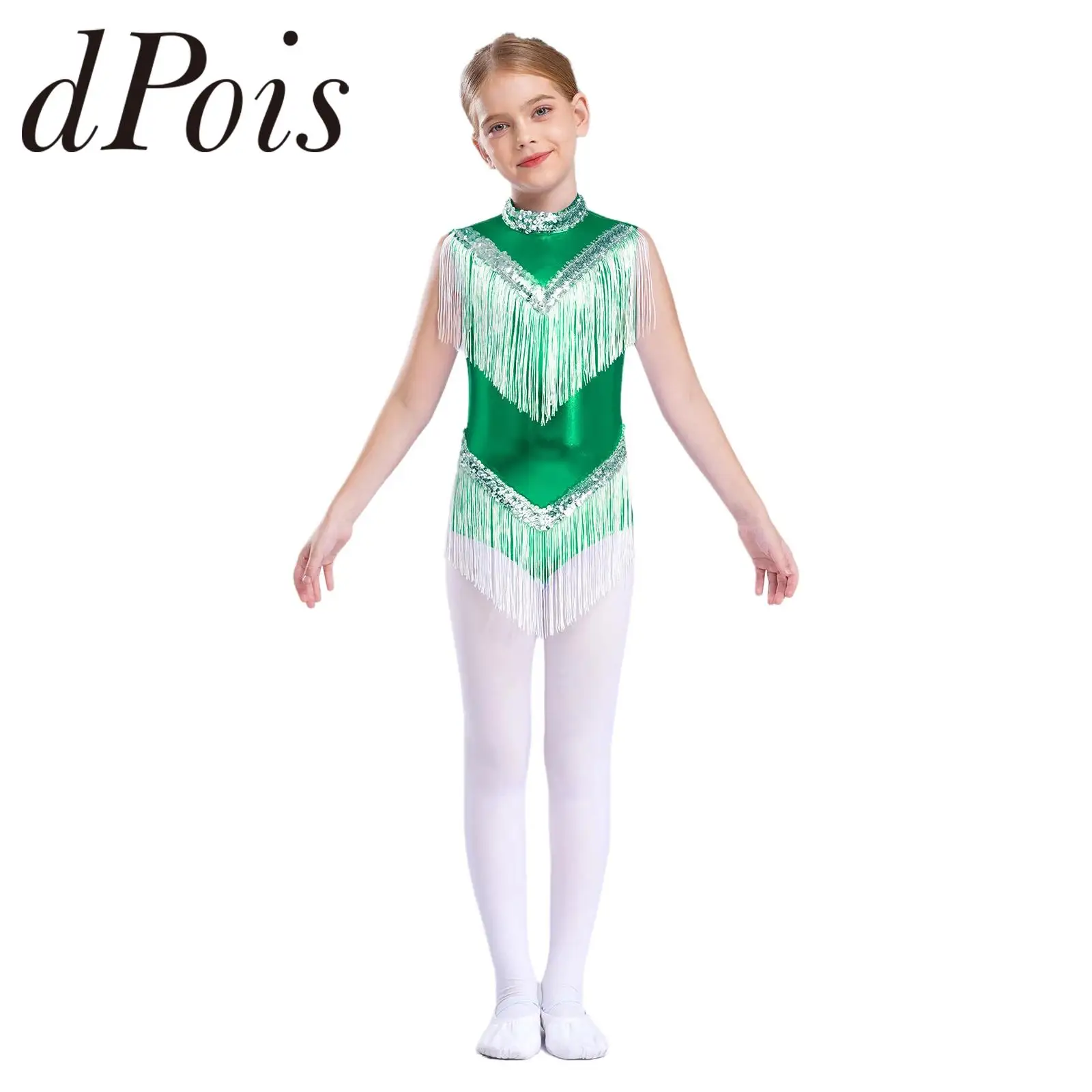 

Girls Tassel Cha-cha Latin Dance Fringe Leotard Kids Gymnastics Jumpsuit Tango Dancewear Rumba Shiny Sequins Metallic Bodysuit