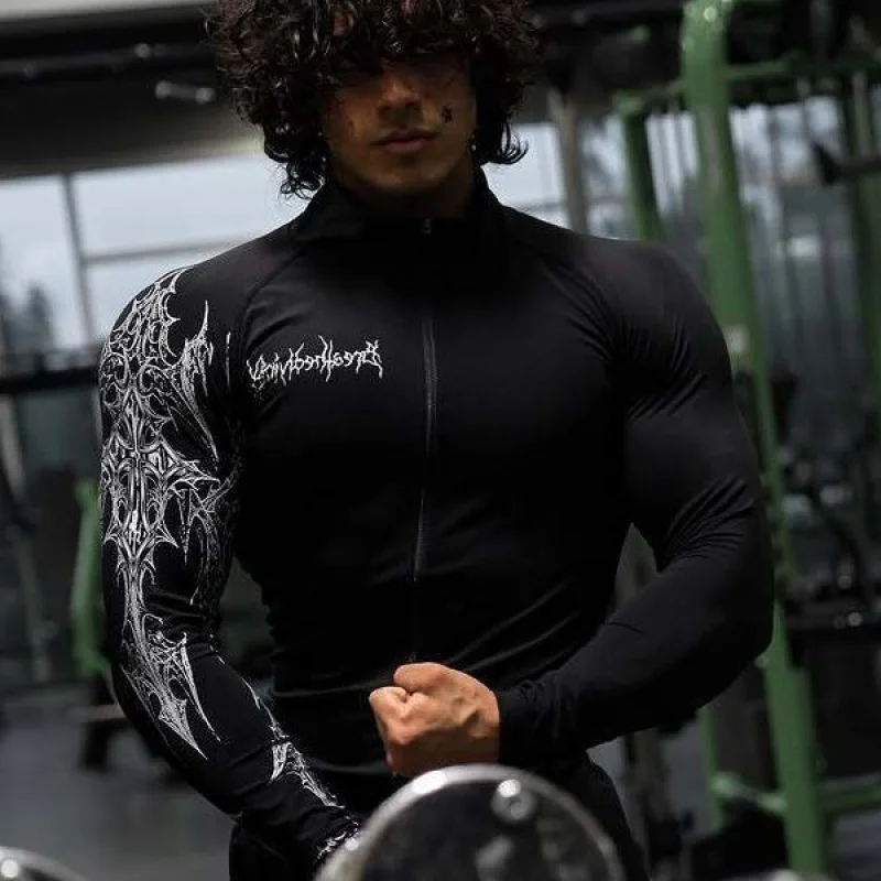 Men'S Gym Plus Size Zipper Printed Jacket， American Style Trendy Sportswear，Gym Bodysuit Fitness Zip-Up Jacket