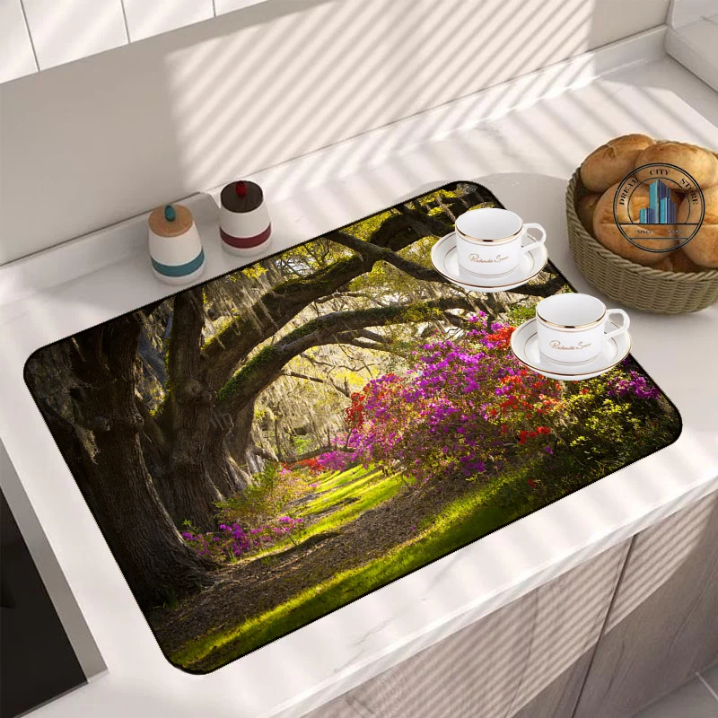 Virgin Forest Printed Drain Pad Wash Table Absorbent Pad Coffee Tableware Mat Non Slip Dish Drying Mat Placemat Drainer Pads