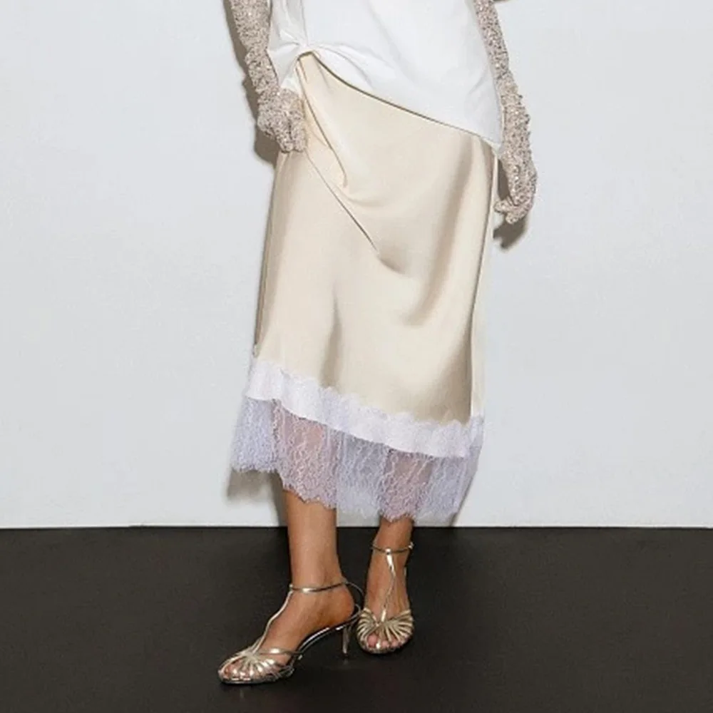 Lace Patchwork Satin Maxi Skirt Women Elegant Solid High Waist Straight Long Skirt Commute Lady Casual Skirt Bottoms 2026