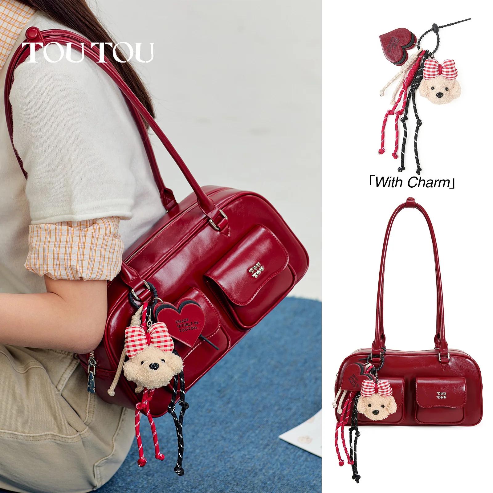 

toutou Women's pu leather y2k bowling bag retro boston large capacity underarm shoulder bag Korean Style for Work & Daily