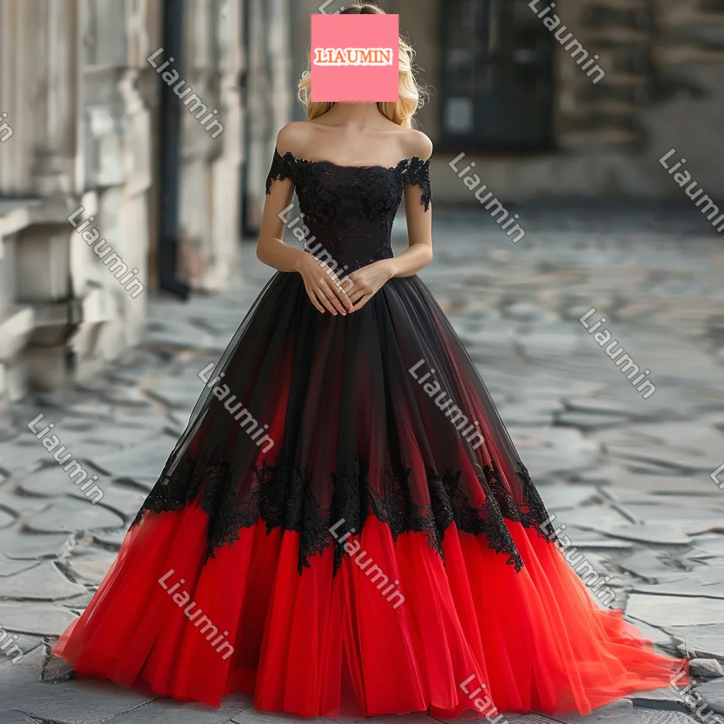 Customized Made Red Tulle Black Lace Applique Spaghetti Strap Lace Up Back Evening Prom Dresses Full Length Formal Skirt W17-2.3