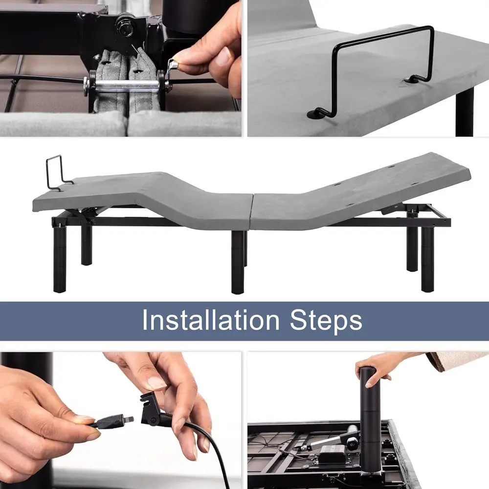 إطار سرير كهربائي قابل للتعديل باللون الرمادي Twin XL مع تدليك ومنافذ USB وإضاءة بدون جاذبية وإضاءة LED وتعديل الارتفاع المتزامن