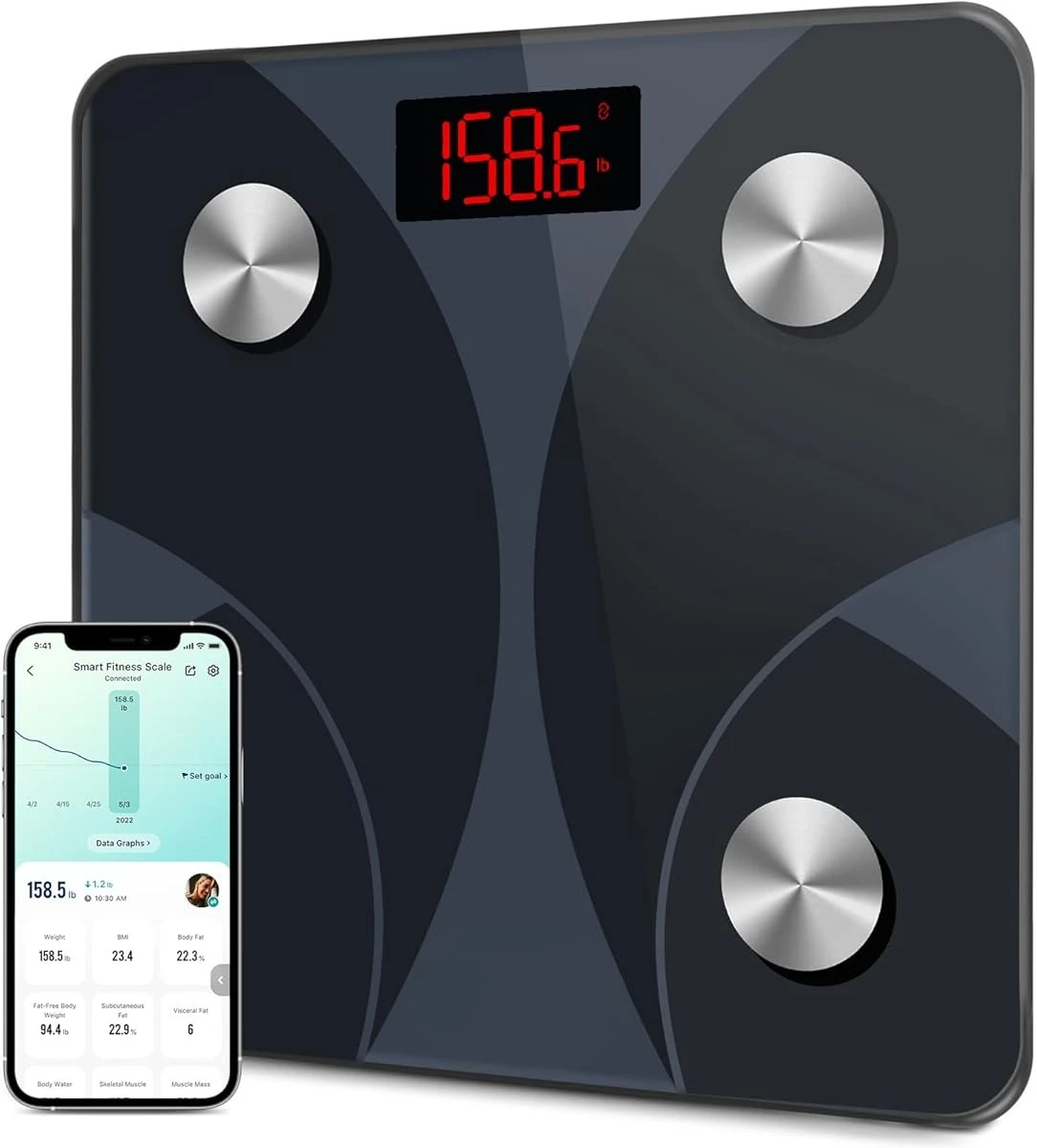 180kg Tragfähigkeit Intelligente Waage mit App-Verbindung, Körperfett-BMI-Muskelmasse-Protein-BMR-Analysator, Hochpräzise Sensoren & Elektroden für 13 Messwerte, Rutschfeste Plattform für