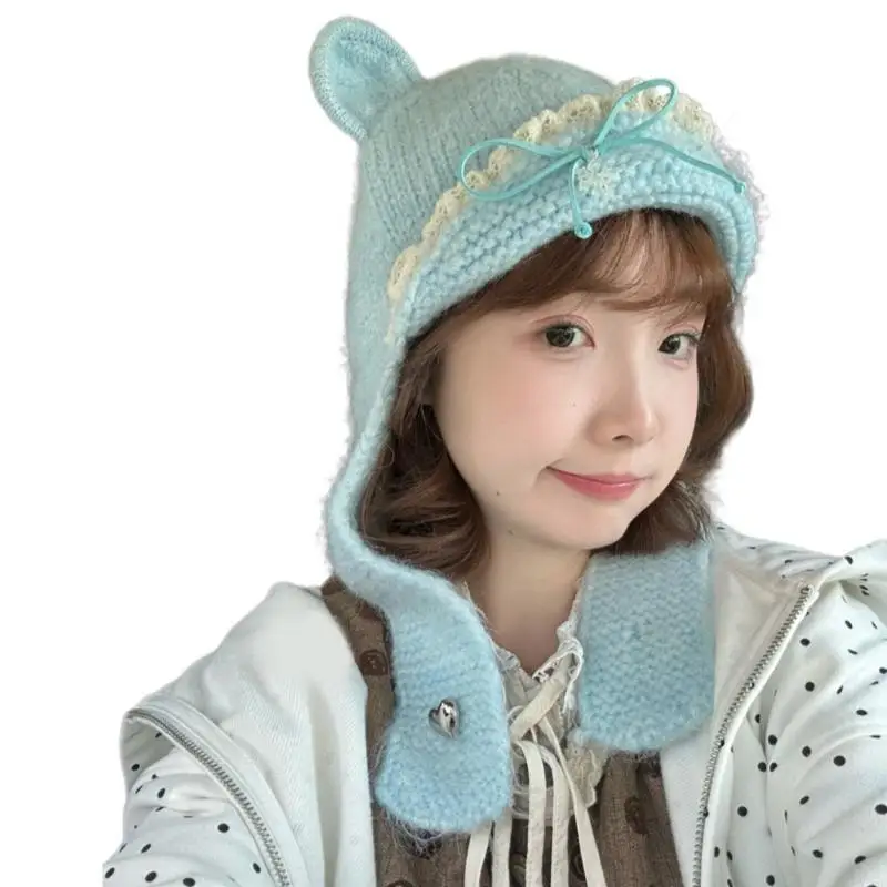 Warm Winter Crochet Hat Women Knitted Earflaps Hat for Girl Snow Skiing Cycling Y08E