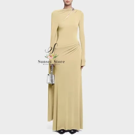 Customized   Women's Designer Dress Asymmetric Ribbon Metal Buckle Spliced Solid High Waist Floor Length Dresses 2025
