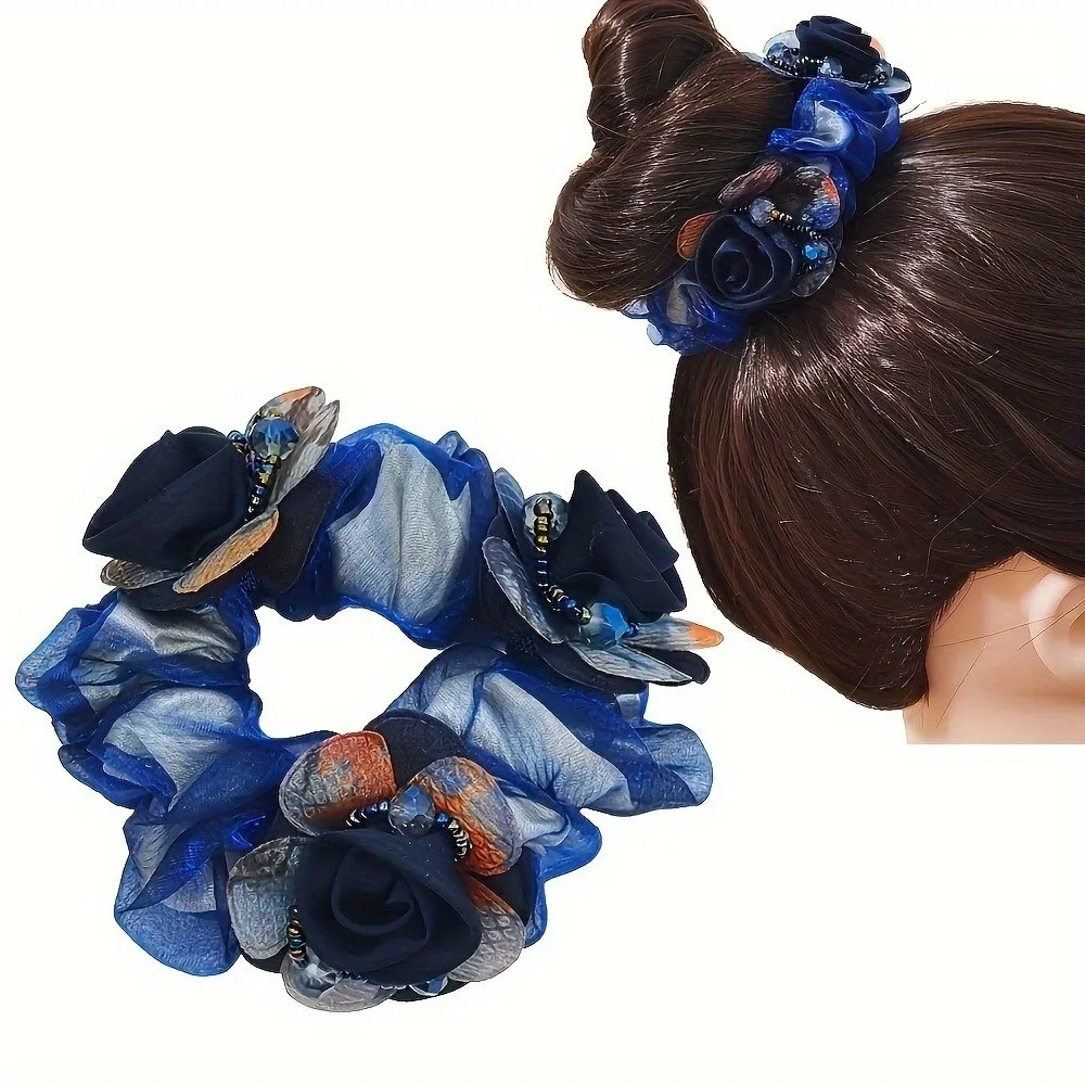 Elegant Lace Hair Scrunchies Floral Pattern Creative Large Intestine Hair Ring 3 Flower Silk Yarn Ponytail Holder Women Use