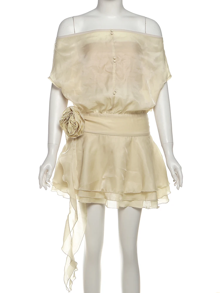 Sisterlinda Y2K Elegant Style Dress+Bandeau Women Trend Slash Neck Backless 3d Flower Decoration Ruched Tierred Hem Mini Bodycon