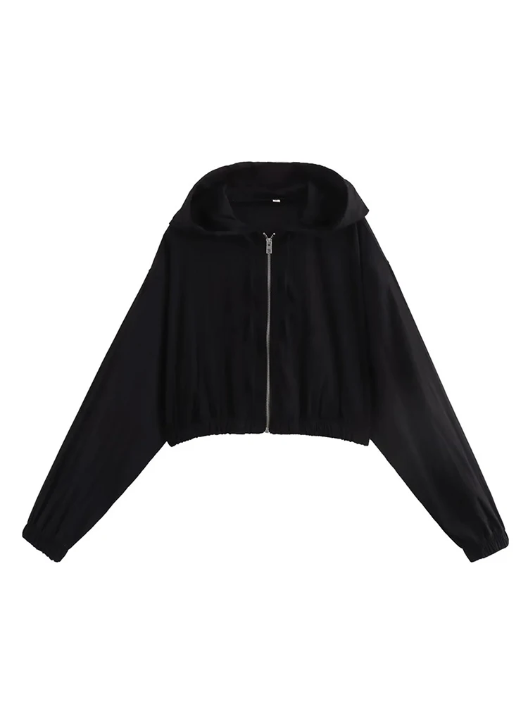

Женская короткая куртка на молнии с капюшоном, черная Повседневная Свободная тонкая куртка с длинным рукавом и поясом на резинке, 2024